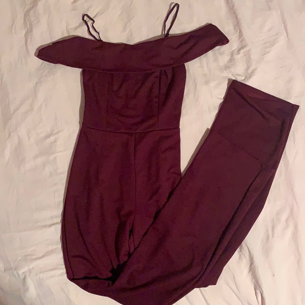 small charlotte russe maroon off the shoulder jumpsuit